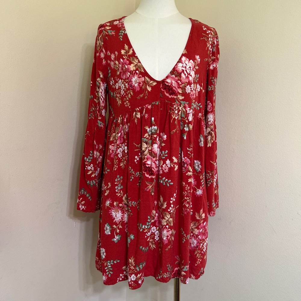 Denim & Supply Ralph Lauren Red Floral Babydoll Mini Dress Bell Sleeve Womens M